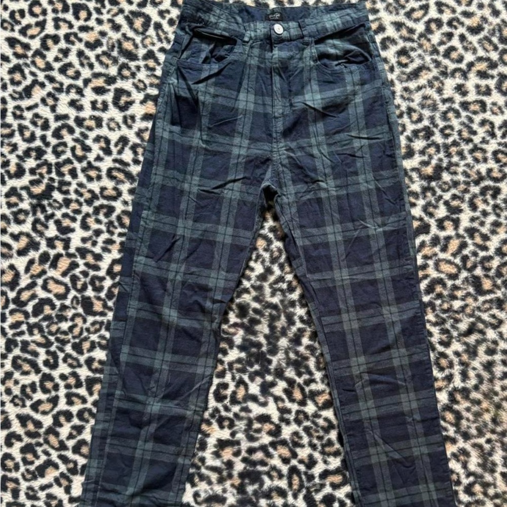 y2k grunge brandy melville green & blue plaid straight leg pants